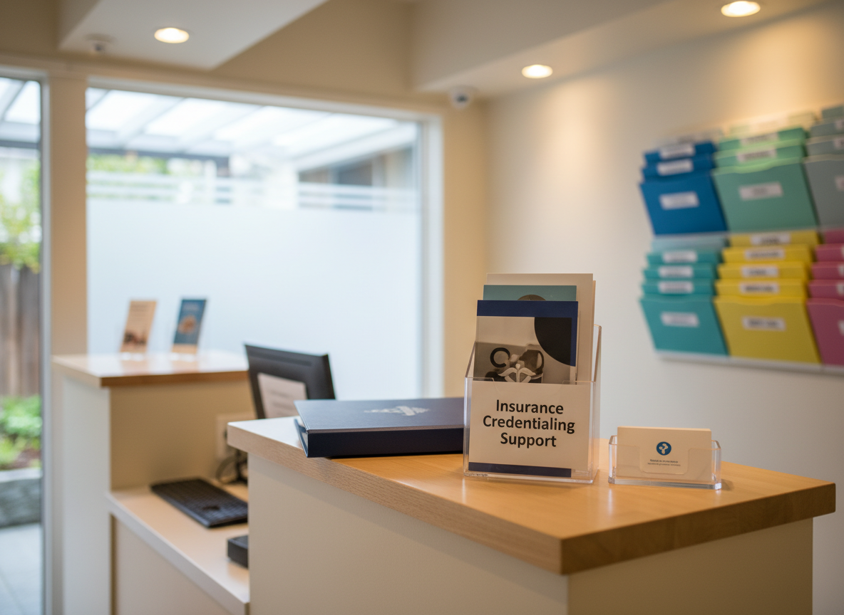 A serene, photographic reception counter in a small healthcare practice, topped with a discreet clear acrylic brochure holder labeled “Insurance Credentialing Support,” a compact business card stand, and a closed binder embossed with a subtle caduceus symbol. Behind the counter, neatly labeled wall files for different insurance plans are visible but slightly blurred, color-coded for easy recognition. Warm, indirect lighting from recessed ceiling fixtures combines with soft daylight through a side window, creating a welcoming, trustworthy ambiance. Shot at eye level with moderate depth of field, the image suggests a practice that has its credentialing and enrollment under control, ready for new patients.