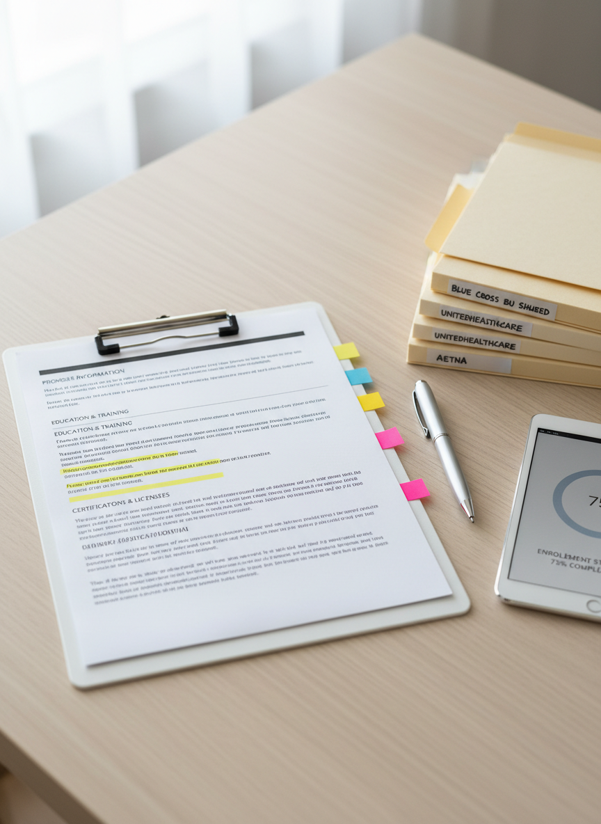 A close-up, photographic view of a crisp white clipboard resting on a light wood table, holding a multi-page insurance credentialing application with clearly legible headers, color-coded sticky flags, and neatly highlighted sections. Beside it, a silver pen, a tidy stack of manila folders labeled with different insurance providers, and a slim tablet showing a progress bar labeled “Enrollment Status.” Soft, overcast daylight from an unseen window creates even, shadow-free lighting. Shot from a slightly elevated angle with shallow depth of field, the scene feels orderly, methodical, and reassuring, visually representing accuracy and attention to detail in provider enrollment.