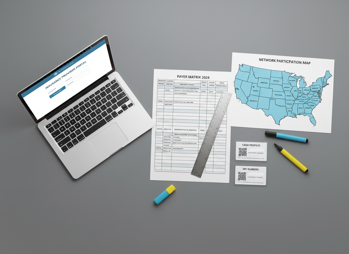 A flat-lay photographic composition of specialized credentialing tools arranged precisely on a smooth, slate-gray surface: a printed payer matrix chart, a network participation map with highlighted regions, laminated reference cards for CAQH and NPI numbers, and a slim laptop partially open to an insurance portal login screen. A refined metal ruler and fine-tip highlighters add touches of technical detail. Soft top-down studio lighting creates subtle, controlled shadows and brings out textures in the paper and metal. The mood is highly professional and analytical, emphasizing the behind-the-scenes expertise required to navigate complex insurance requirements for therapists, nurse practitioners, and physicians.