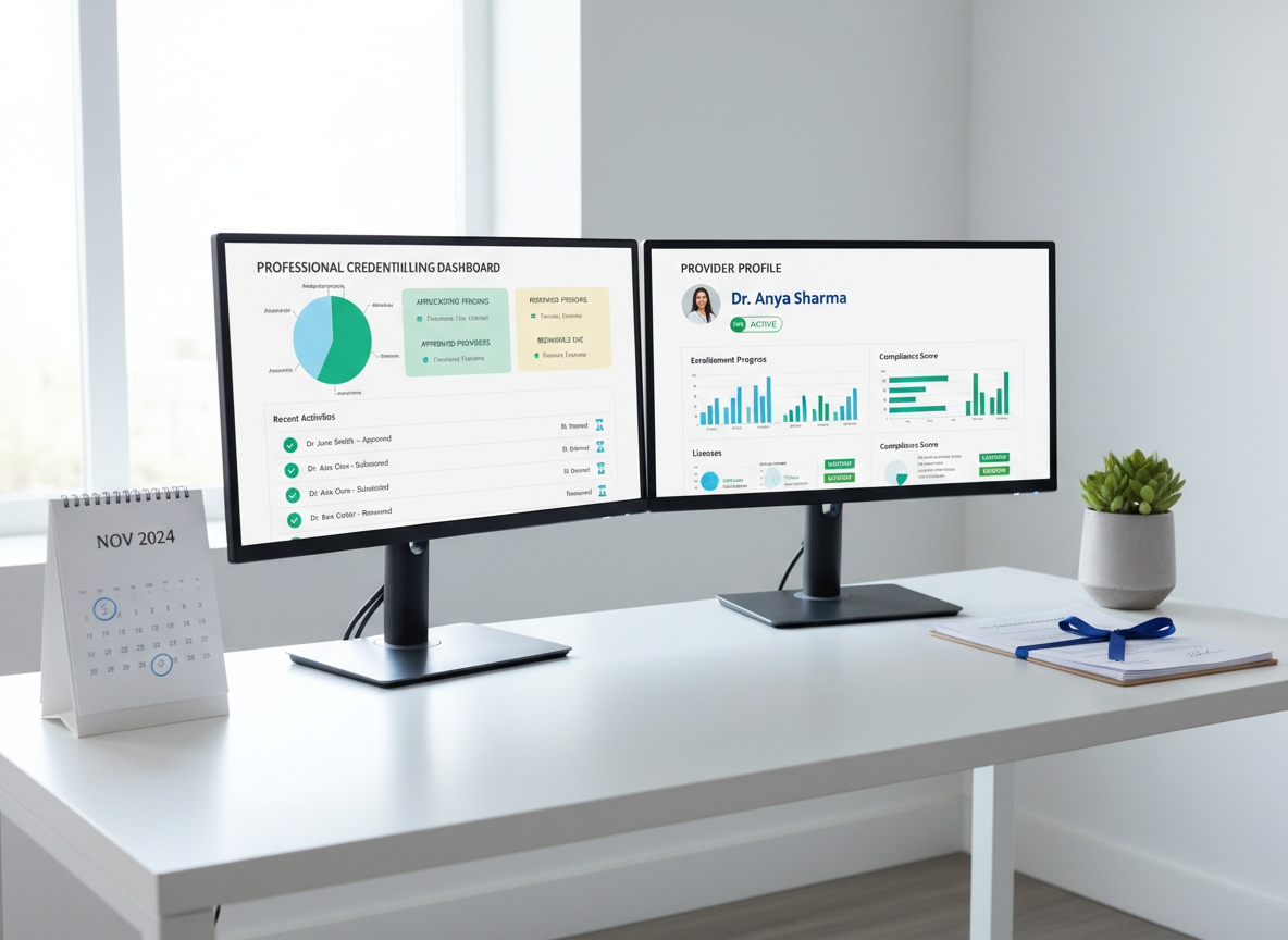 A dual-monitor workstation on a clean white desk displaying a professional credentialing dashboard on one screen and a detailed provider profile on the other, with status indicators in reassuring greens and blues. Around the monitors sit a minimalist desk calendar with several dates circled, a tidy stack of signed contracts, and a small plant in a matte ceramic pot for a touch of warmth. Cool, even LED lighting mixed with soft ambient daylight from a nearby window gives the scene a bright, clinical clarity. Photographic realism, framed with the monitors in the rule of thirds, evoking precision, reliability, and efficiency in managing multiple enrollments at once.