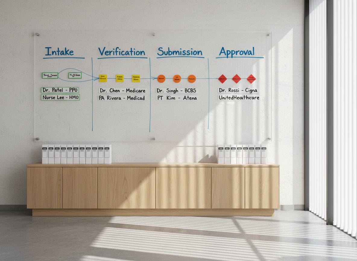 A large wall-mounted glass board in a contemporary office, filled with an organized credentialing workflow: columns labeled "Intake," "Verification," "Submission," and "Approval" written in clean blue marker, with color-coded magnetic tags representing different providers. Below, a light oak credenza holds neatly stacked binders labeled by specialty and insurance network. Natural afternoon light filters through vertical blinds, creating soft linear patterns across the wall and floor. Photographic realism from a wide, eye-level angle with sharp focus throughout, conveying clarity, transparency, and a clear path from start to finish in the credentialing process.